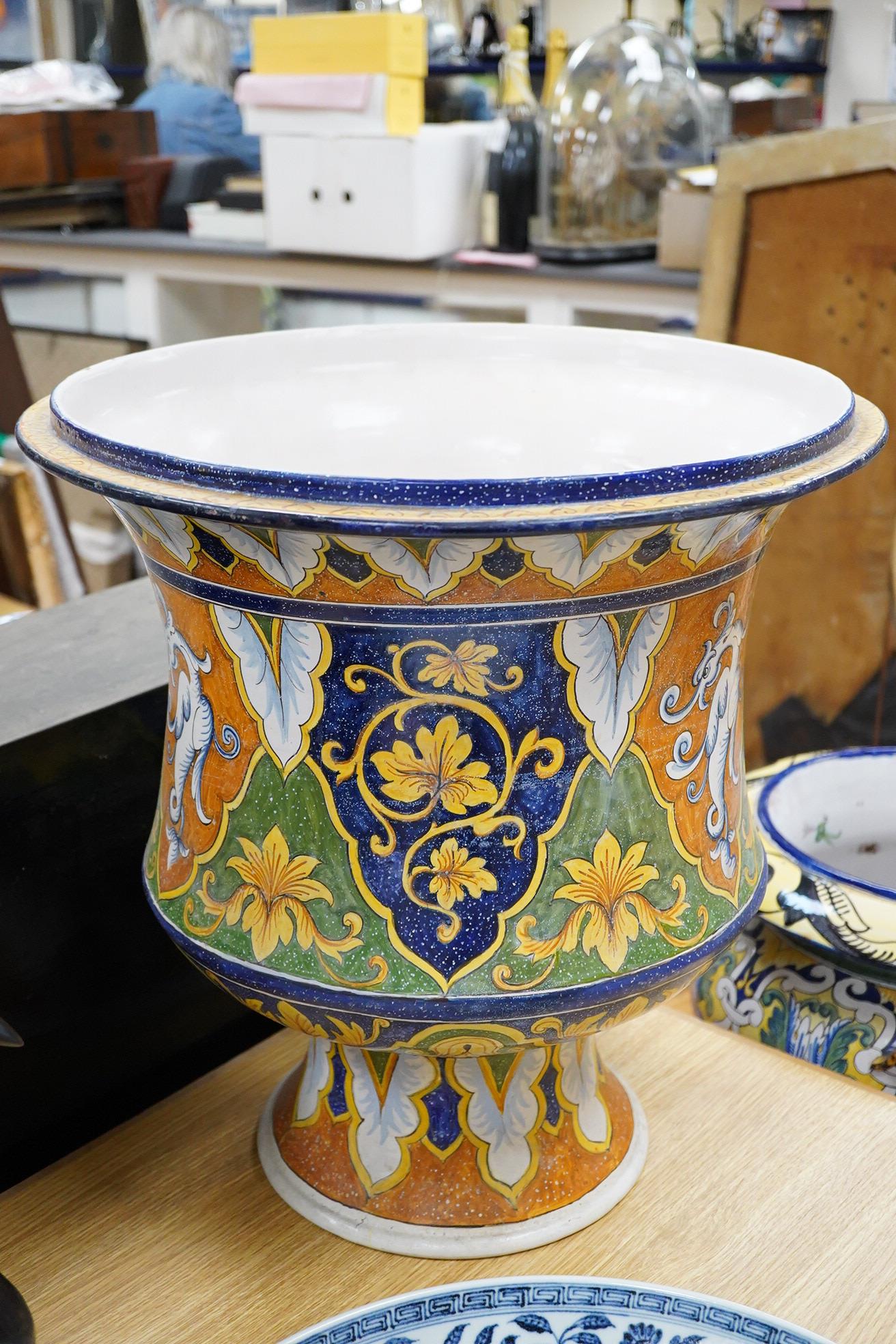 A large ornamental Nevers faience pedestal jardiniere, 50cm high